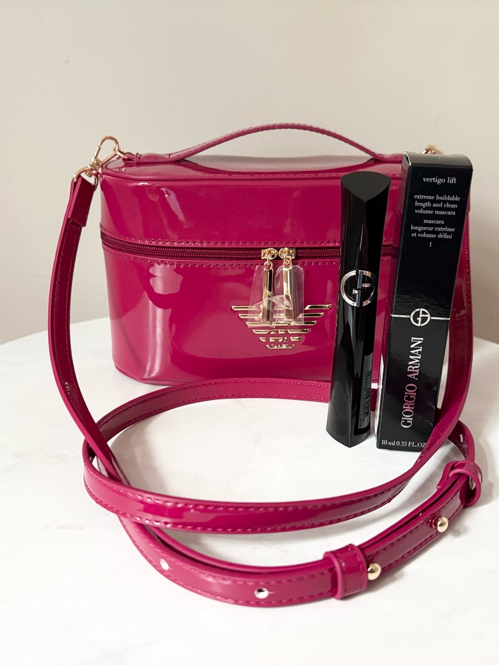 Emporio Armani Patent Fuchsia Crossbody Vanity Bag plus Mascara